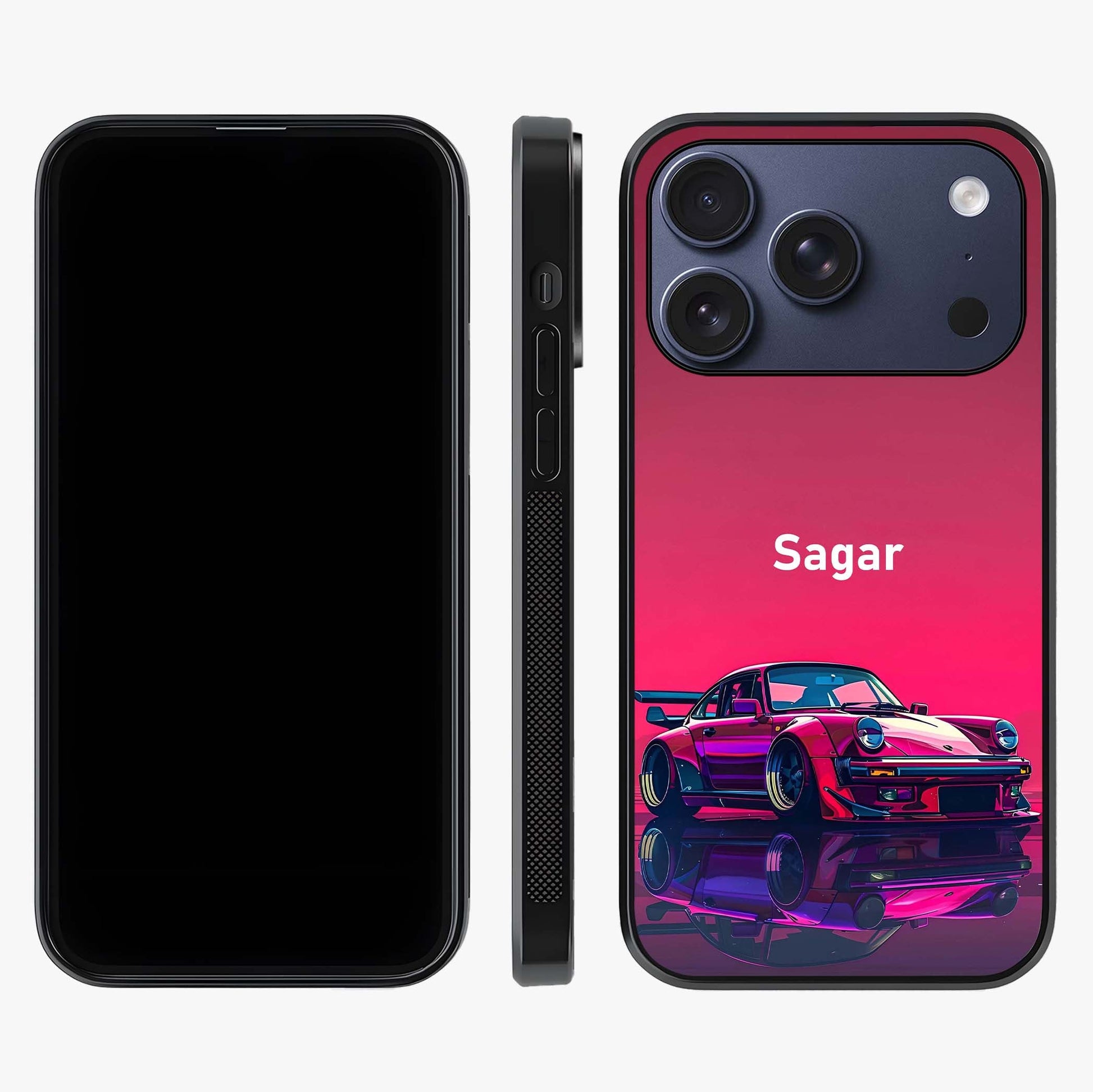 Neon Pink Porsche Glass Case displayed upright for full design visibility and premium finish.