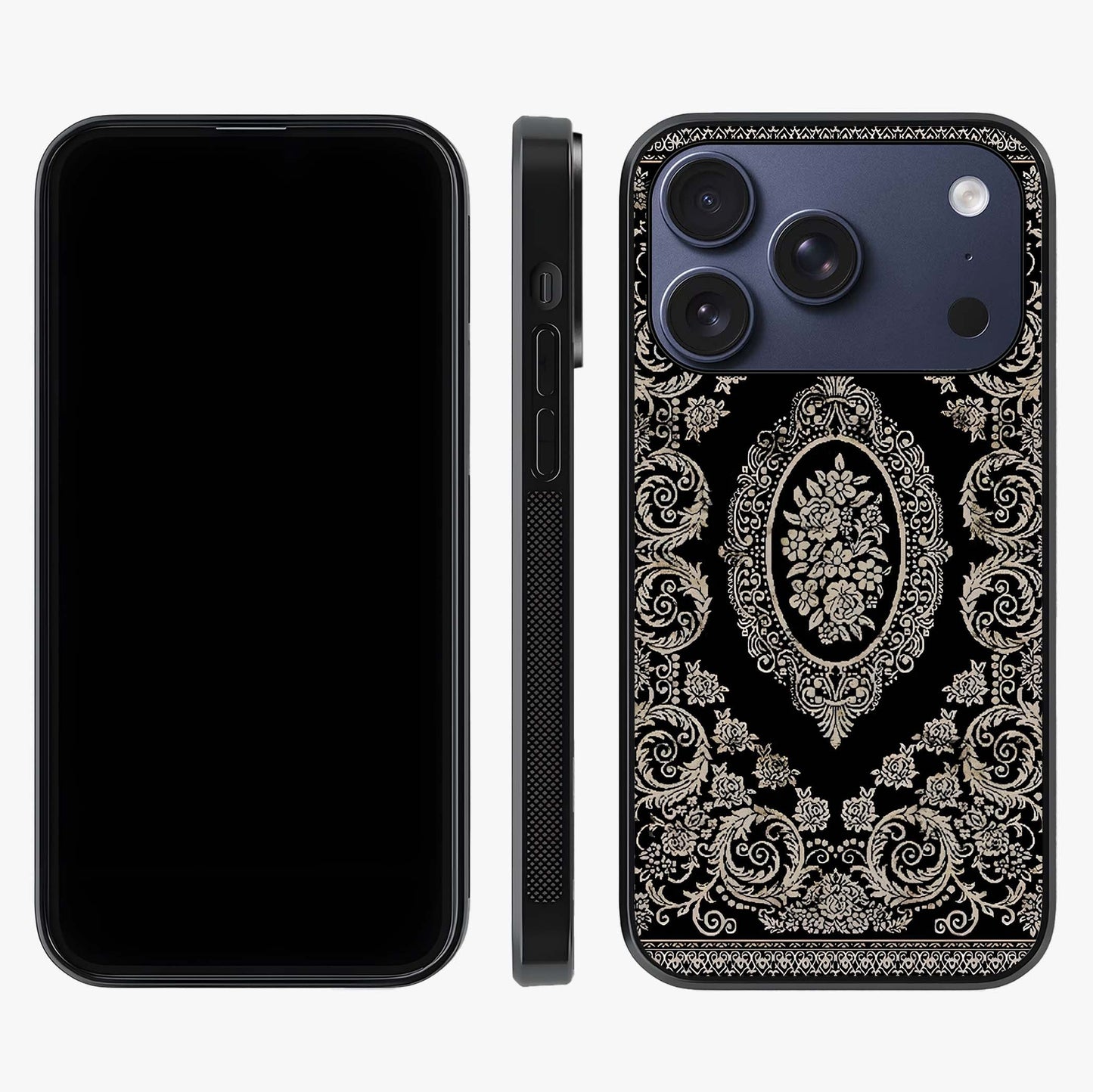 Noir Bloom Elegance Glass Case displayed upright for full design visibility and premium finish.