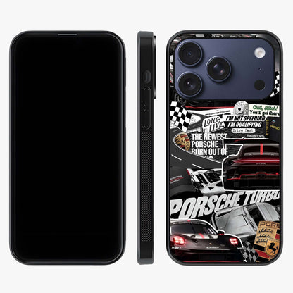 Porsche Racing Collage Glass Case displayed upright for full design visibility and premium finish.