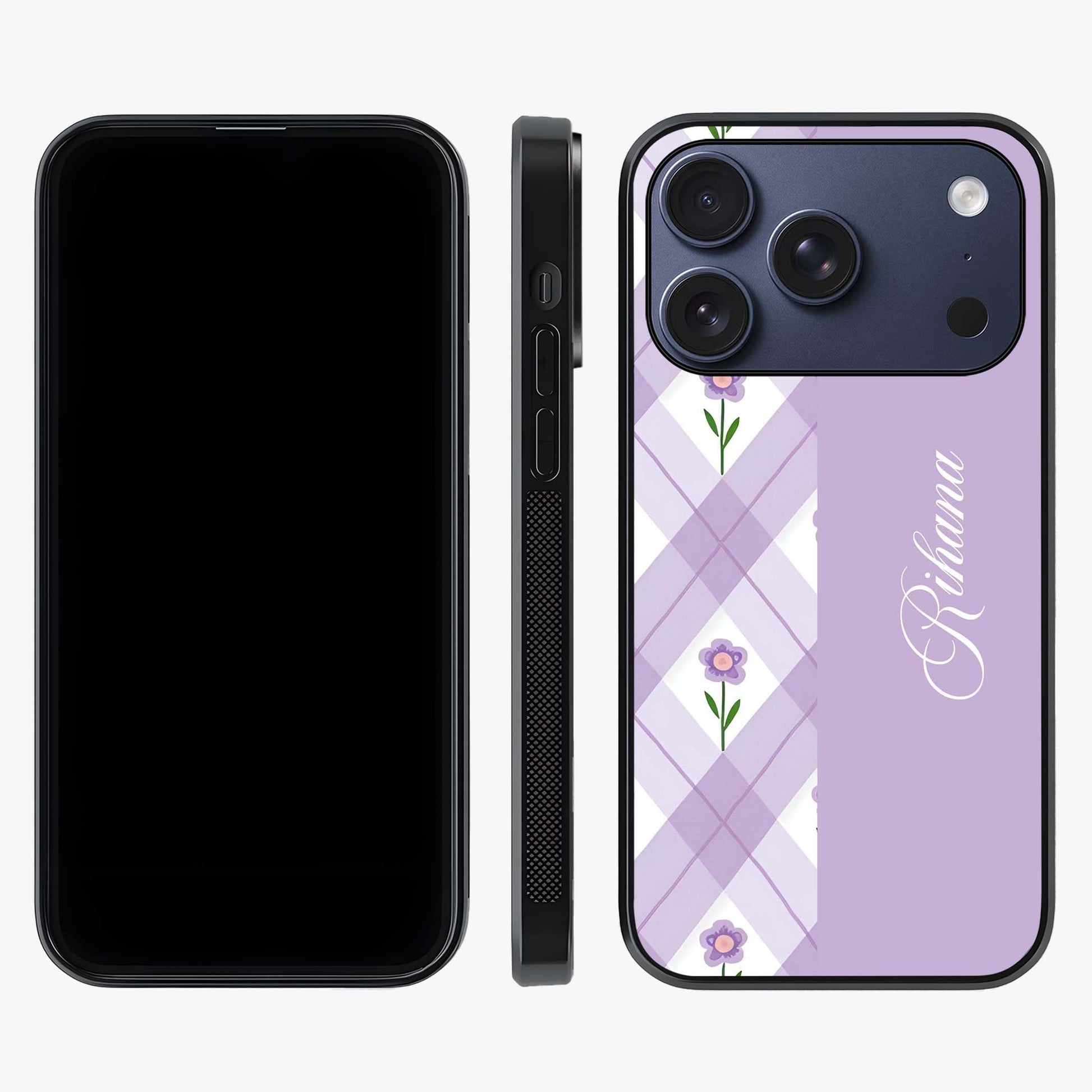 Purple Diamond Floral Glass Case displayed upright for full design visibility and premium finish.