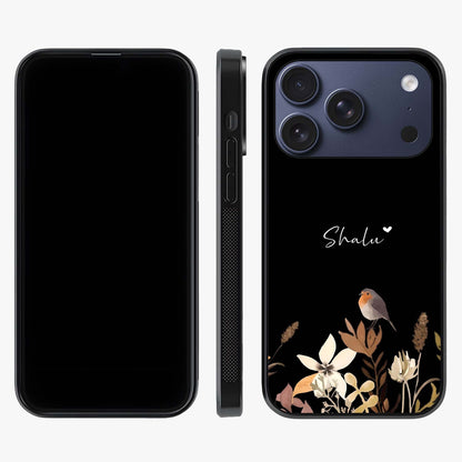 Quiet Garden Tune Custom Name Glass Case displayed upright for full design visibility and premium finish.