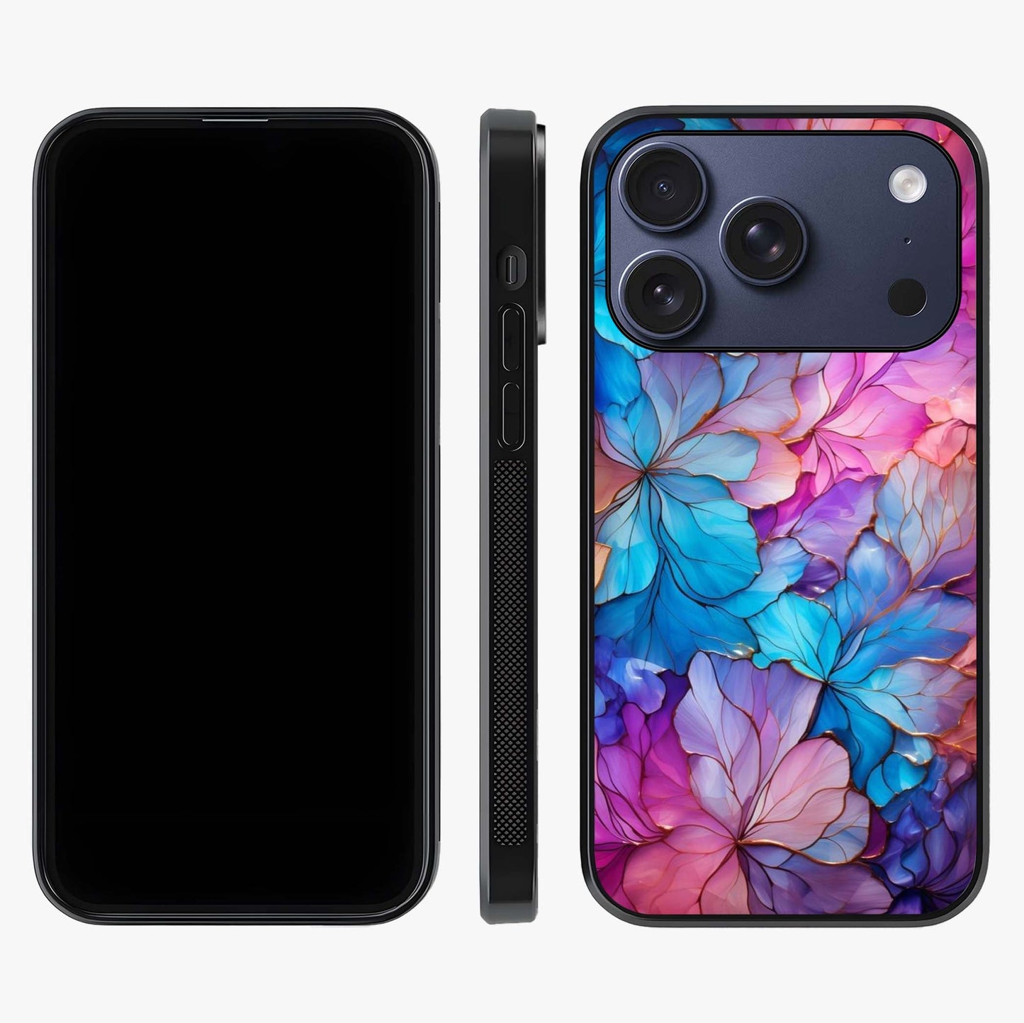 Radiant Floral Whirl Glass Case displayed upright for full design visibility and premium finish.