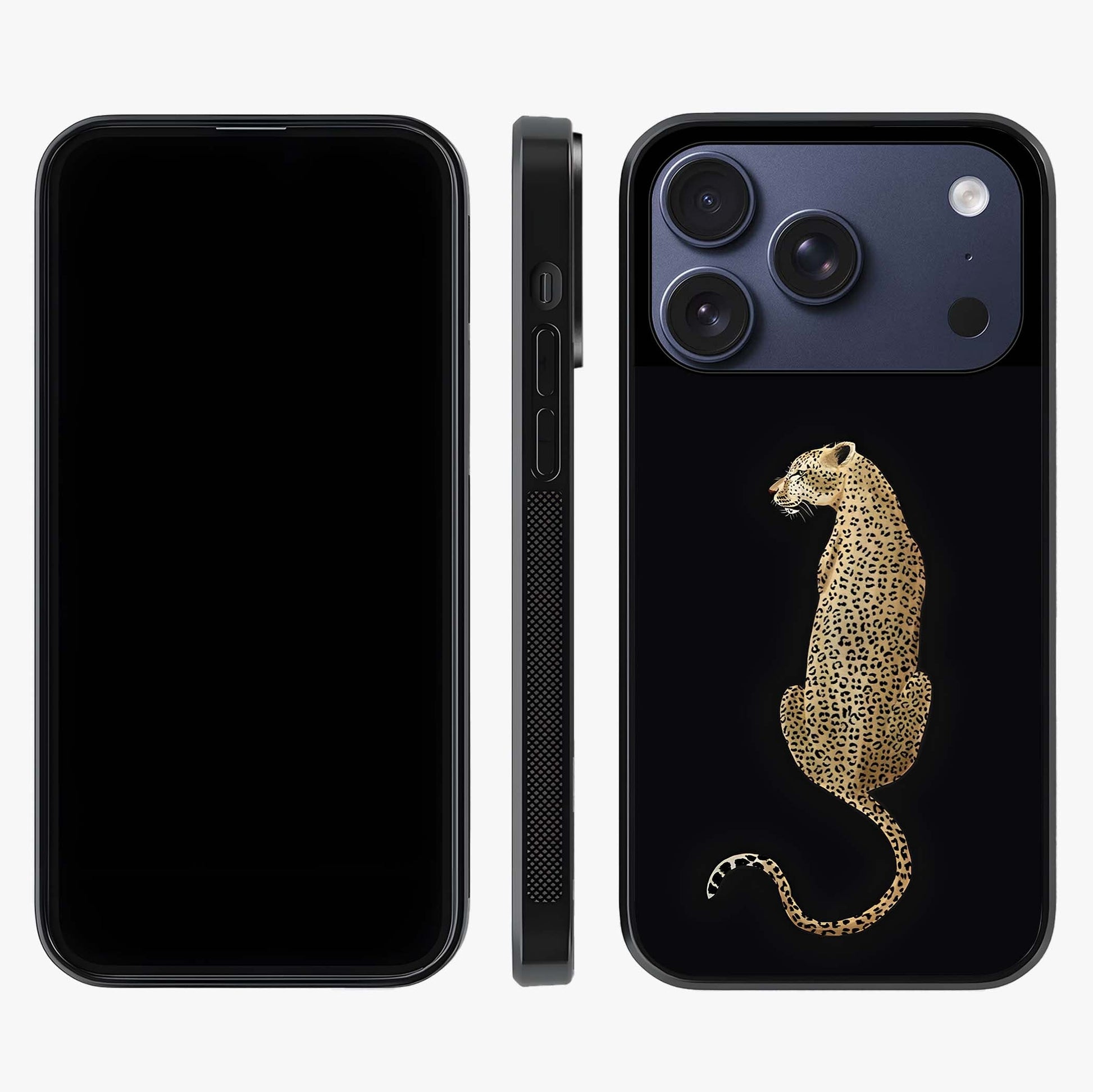 Regal Leopard Glass Case displayed upright for full design visibility and premium finish.
