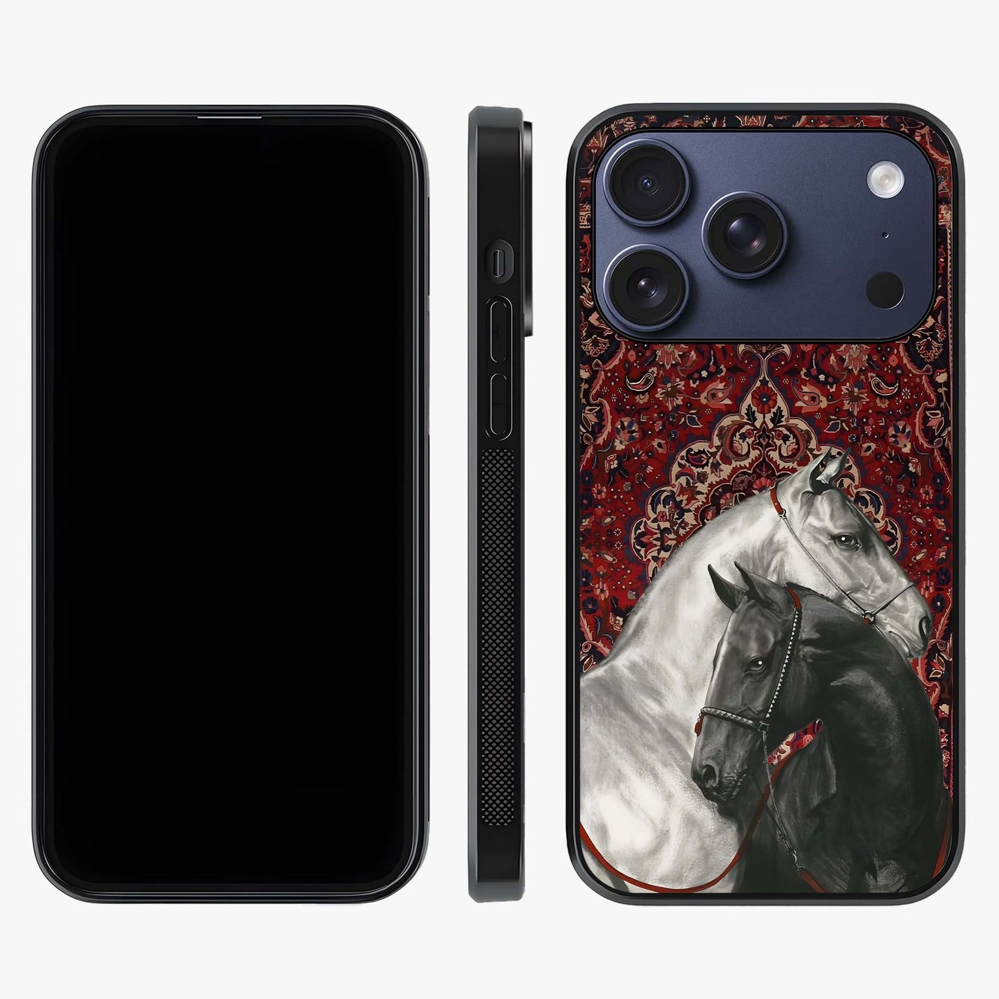 Regal Stallion Tapestry Glass Case displayed upright for full design visibility and premium finish.