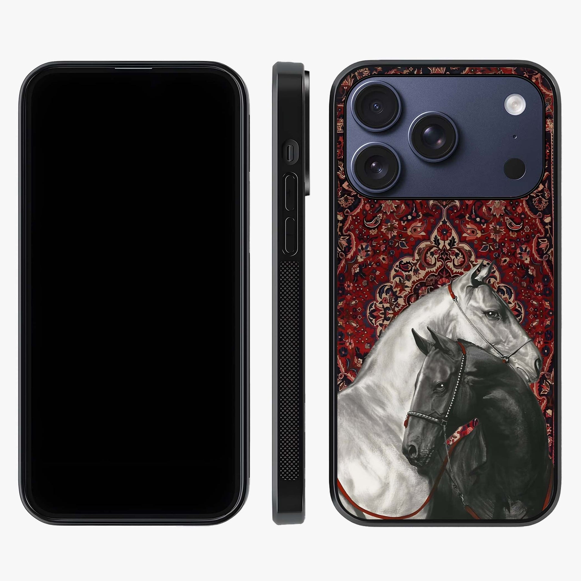 Regal Stallion Tapestry Glass Case displayed upright for full design visibility and premium finish.