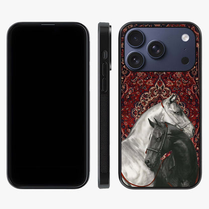 Regal Stallion Tapestry Glass Case displayed upright for full design visibility and premium finish.
