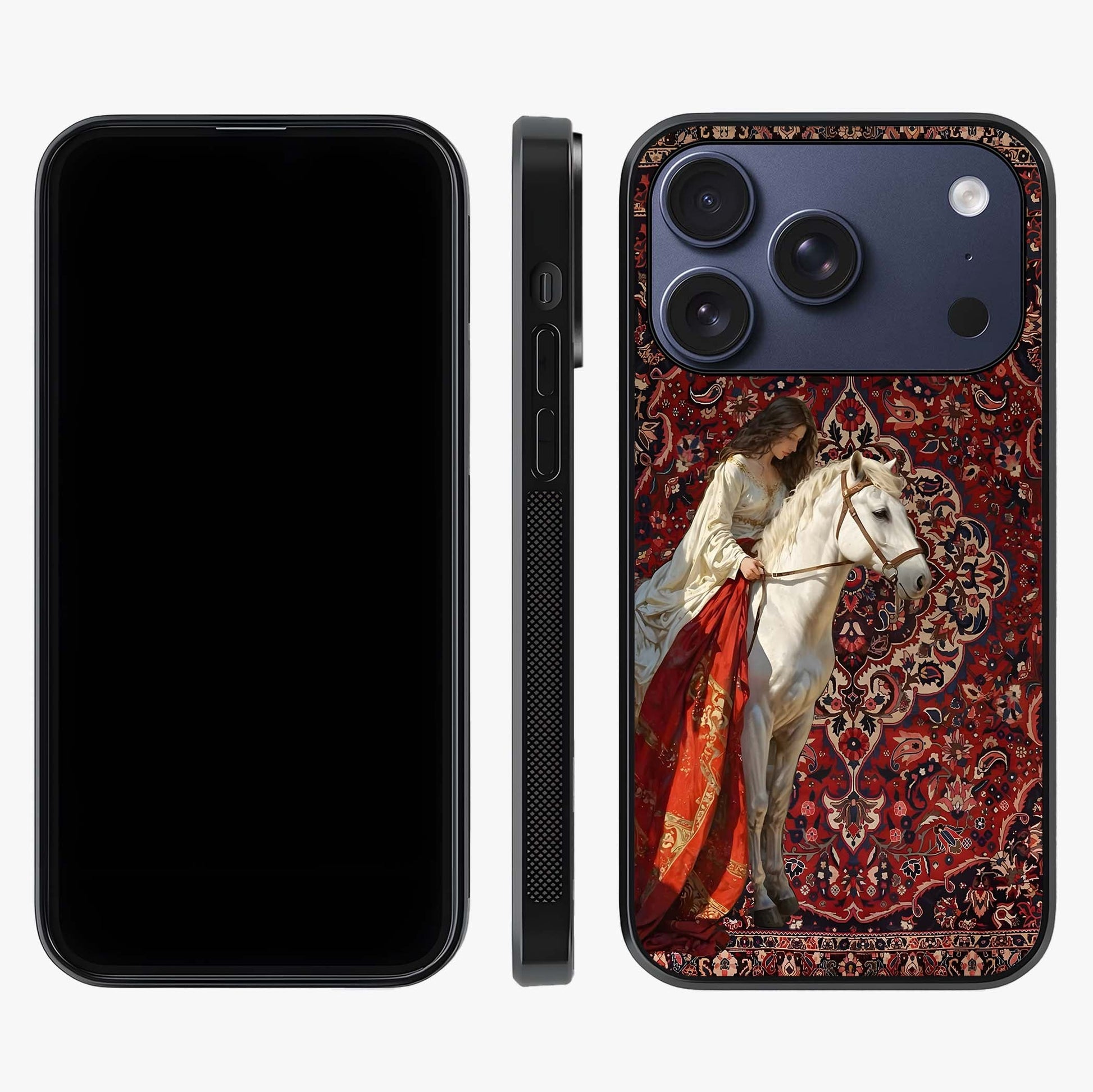 Royal Rider Tapestry Glass Case displayed upright for full design visibility and premium finish.