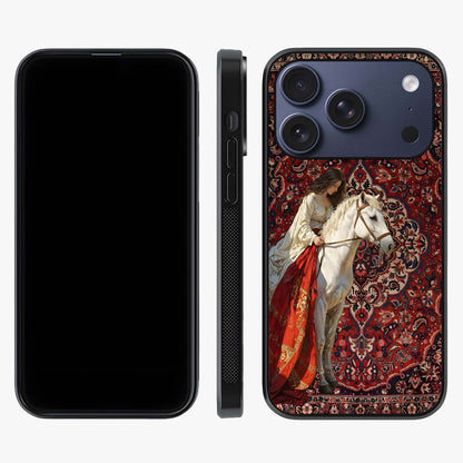 Royal Rider Tapestry Glass Case displayed upright for full design visibility and premium finish.