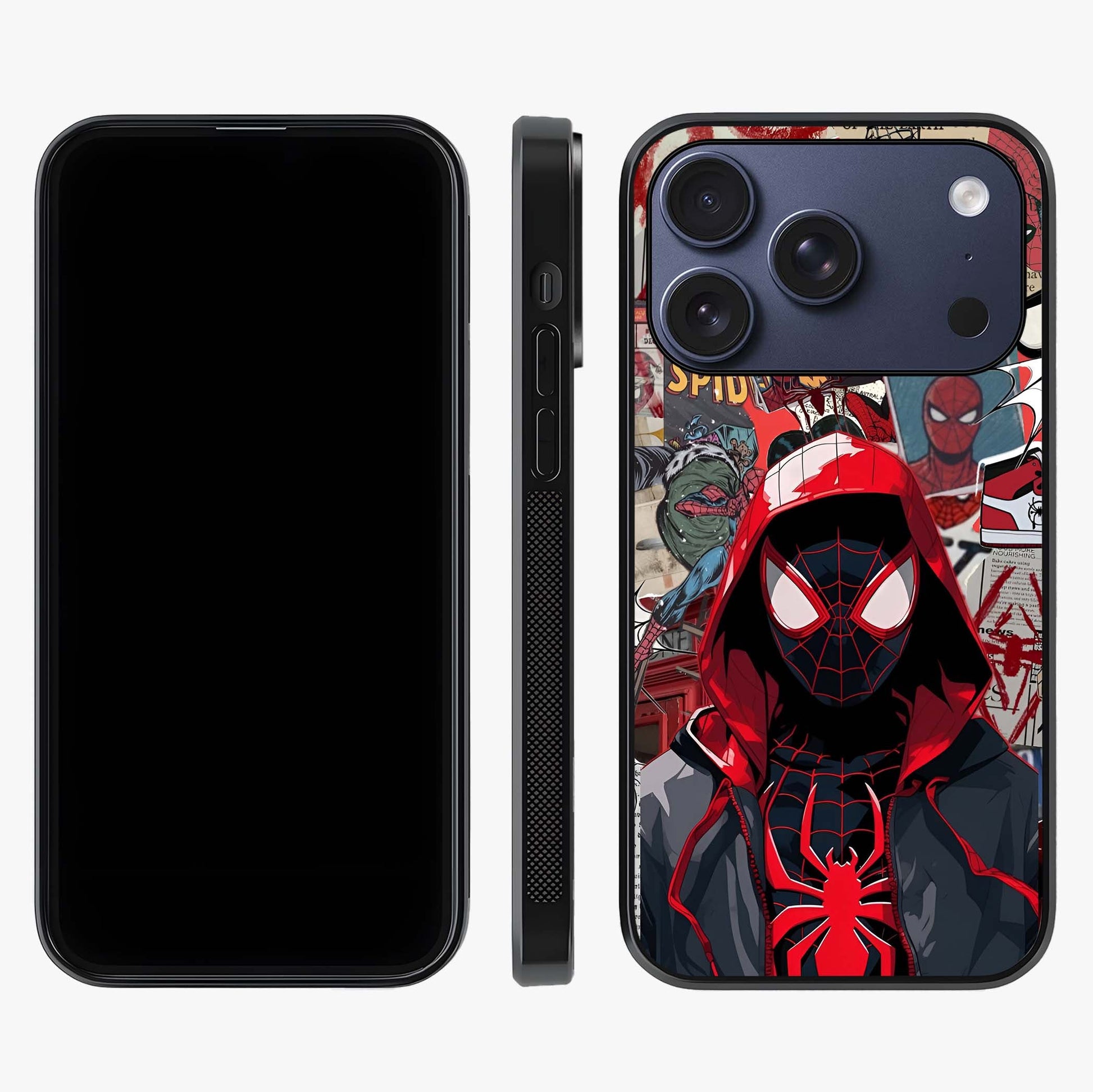 Spider Collage Street Glass Case displayed upright for full design visibility and premium finish.