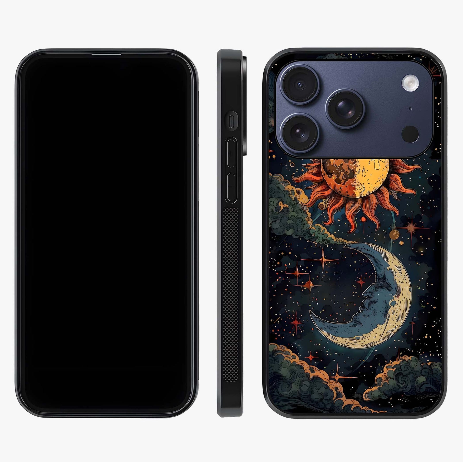 Sun And Moon Magic Design Glass Case displayed upright for full design visibility and premium finish.