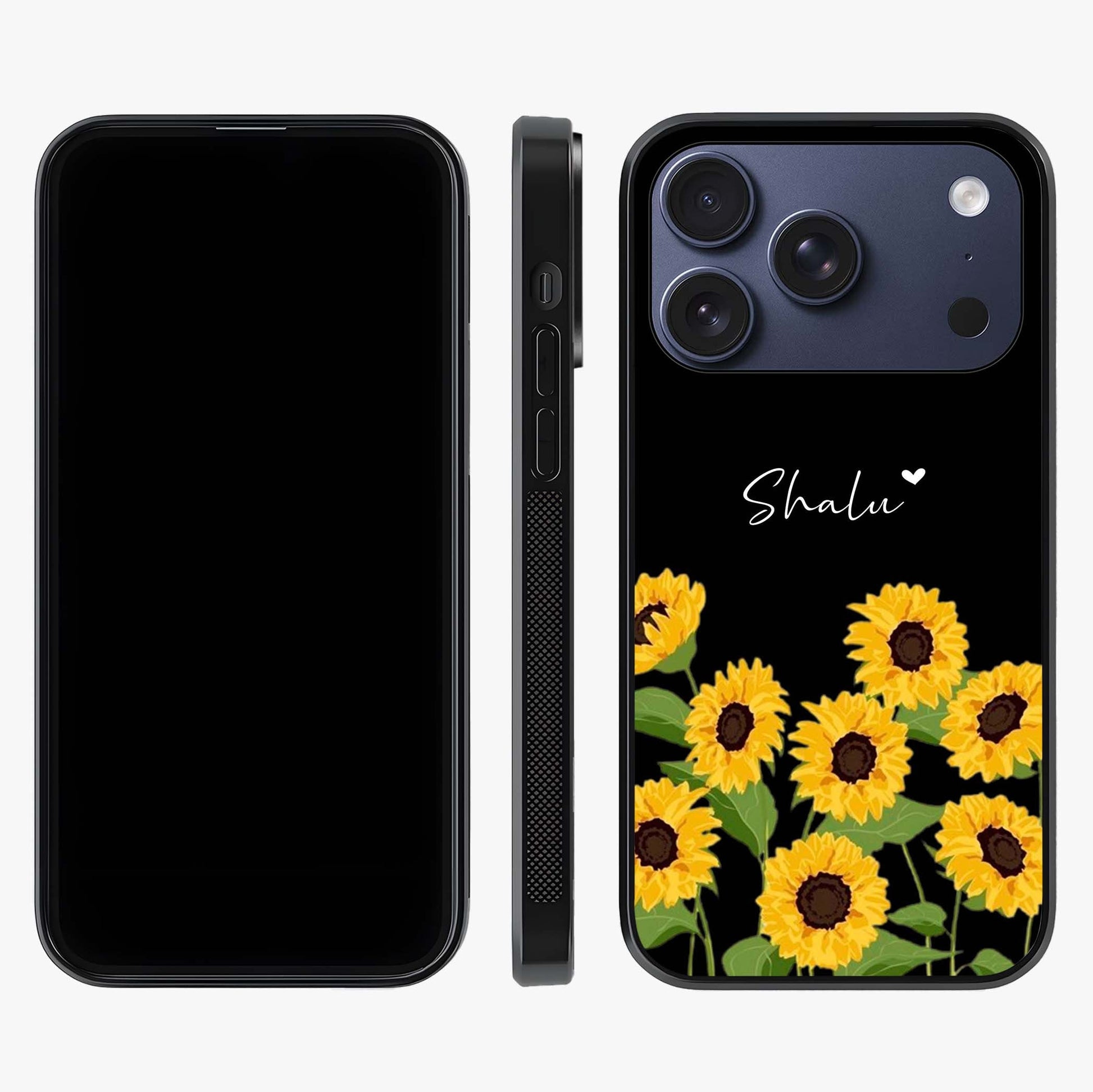 Sunflower Chic Mood Custom Name Glass Case displayed upright for full design visibility and premium finish.