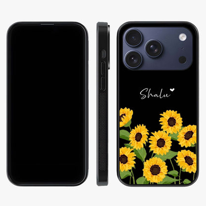 Sunflower Chic Mood Custom Name Glass Case displayed upright for full design visibility and premium finish.