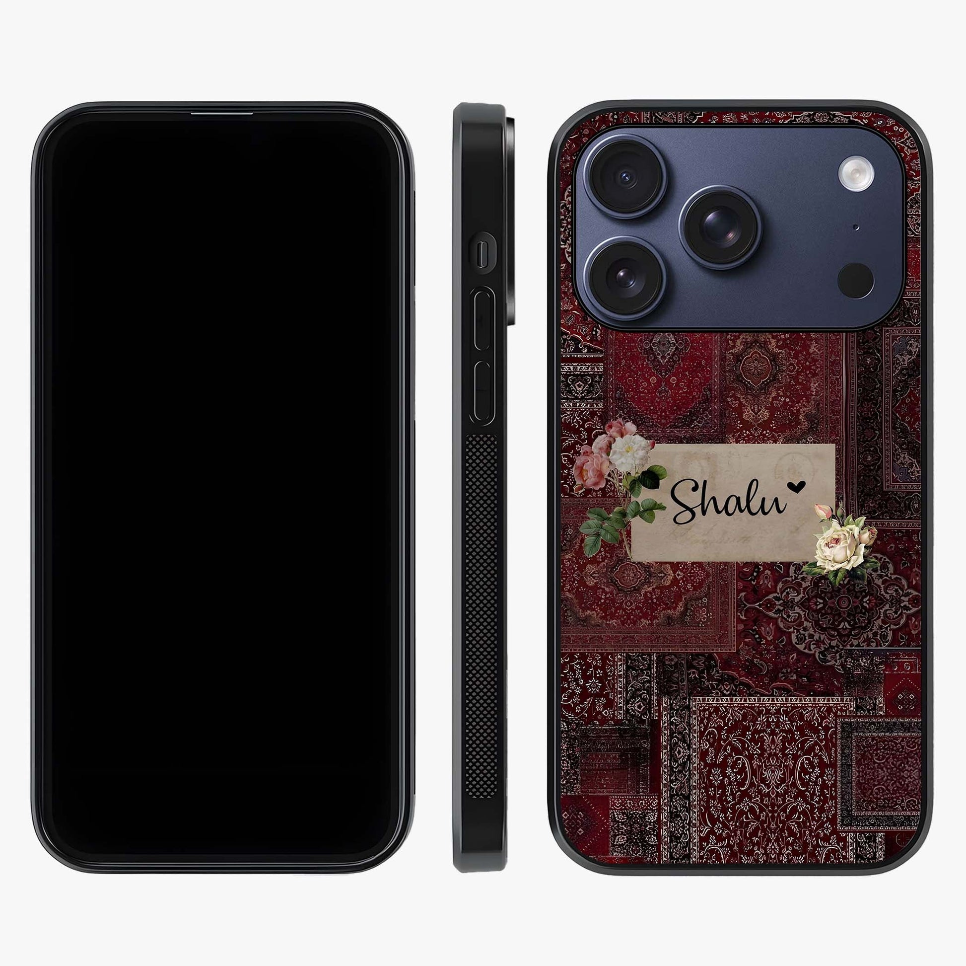 Velvet Wine Pattern Custom Name Glass Case displayed upright for full design visibility and premium finish.