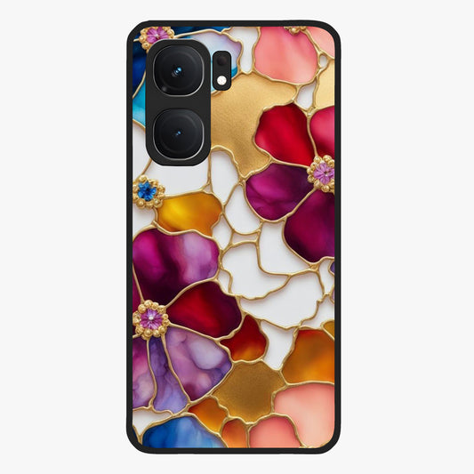 Marble Flower Pattern Glass Case showing flat back view with marble texture floral artwork and glossy glass finish.