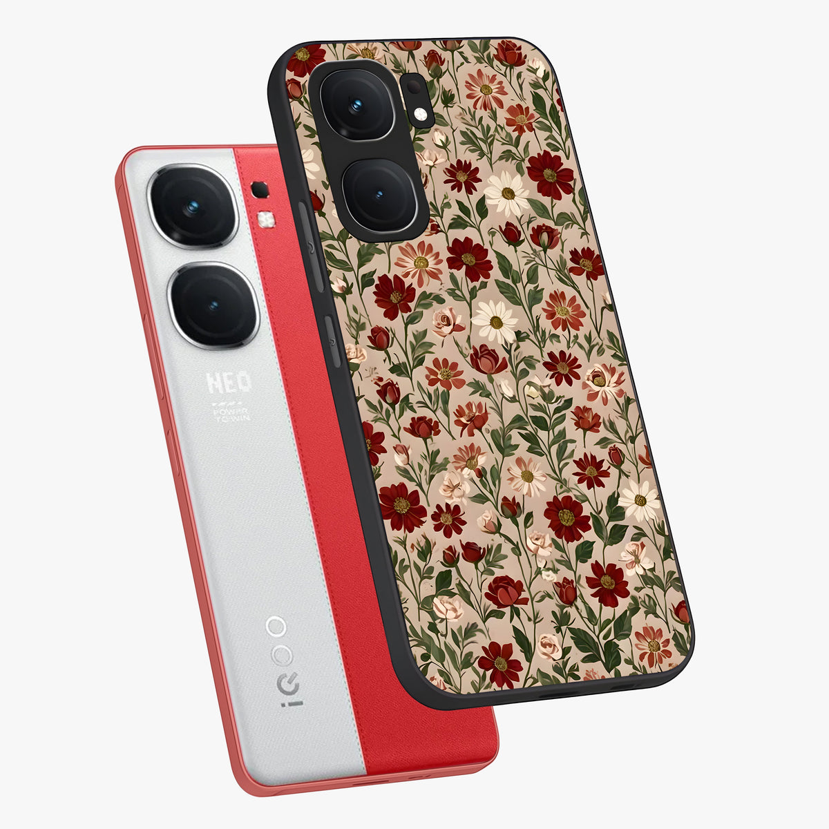 Biege Flower With Leaf Glass Case displayed in angled mockup highlighting minimal floral leaf design and elegant aesthetic.