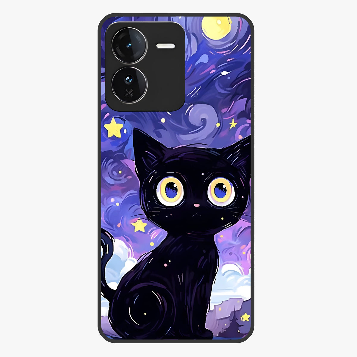 Abstract Cat Art Glass Case showing flat back view with artistic cat illustration and glossy glass finish.