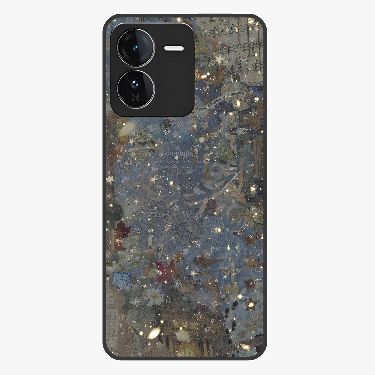 Aesthetic Astrolophia Glass Case showing flat back view with dreamy aesthetic design and glossy glass finish.