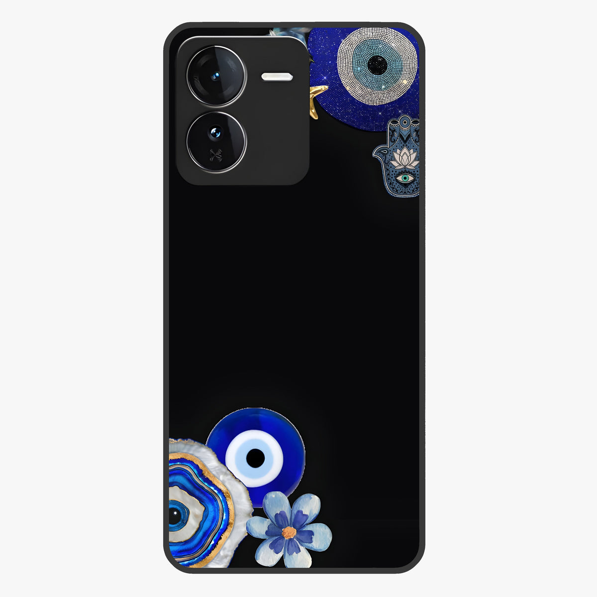 Aesthetic Blue Evil Eye Glass Case showing flat back view with protective evil eye artwork and glossy glass finish.