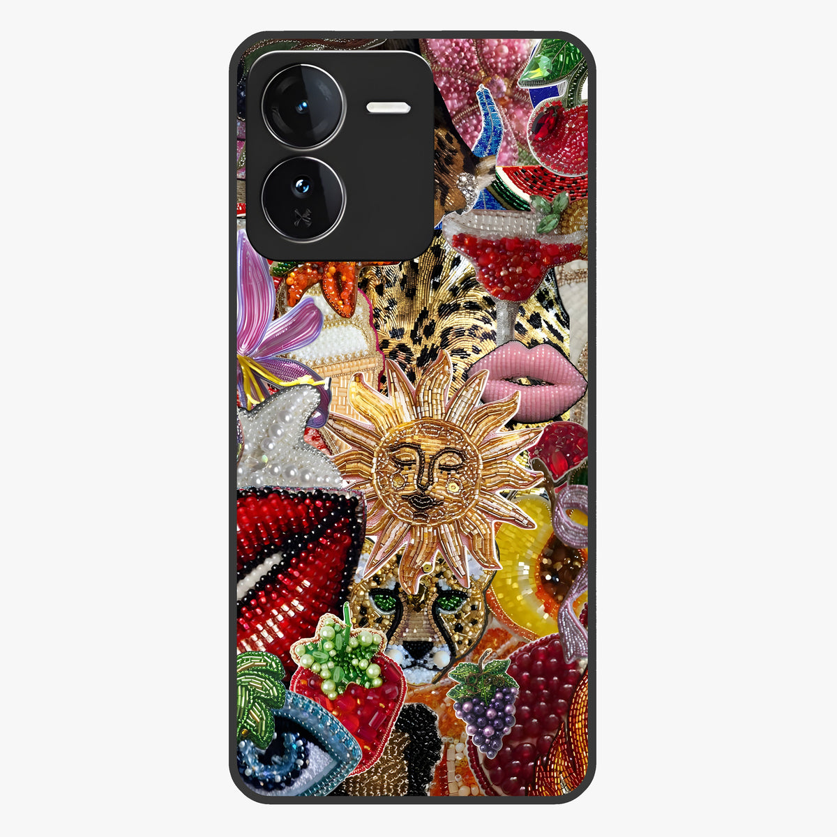 Beaded Fashion Jungle Glass Case showing flat back view with vibrant jungle inspired bead artwork and glossy glass finish.