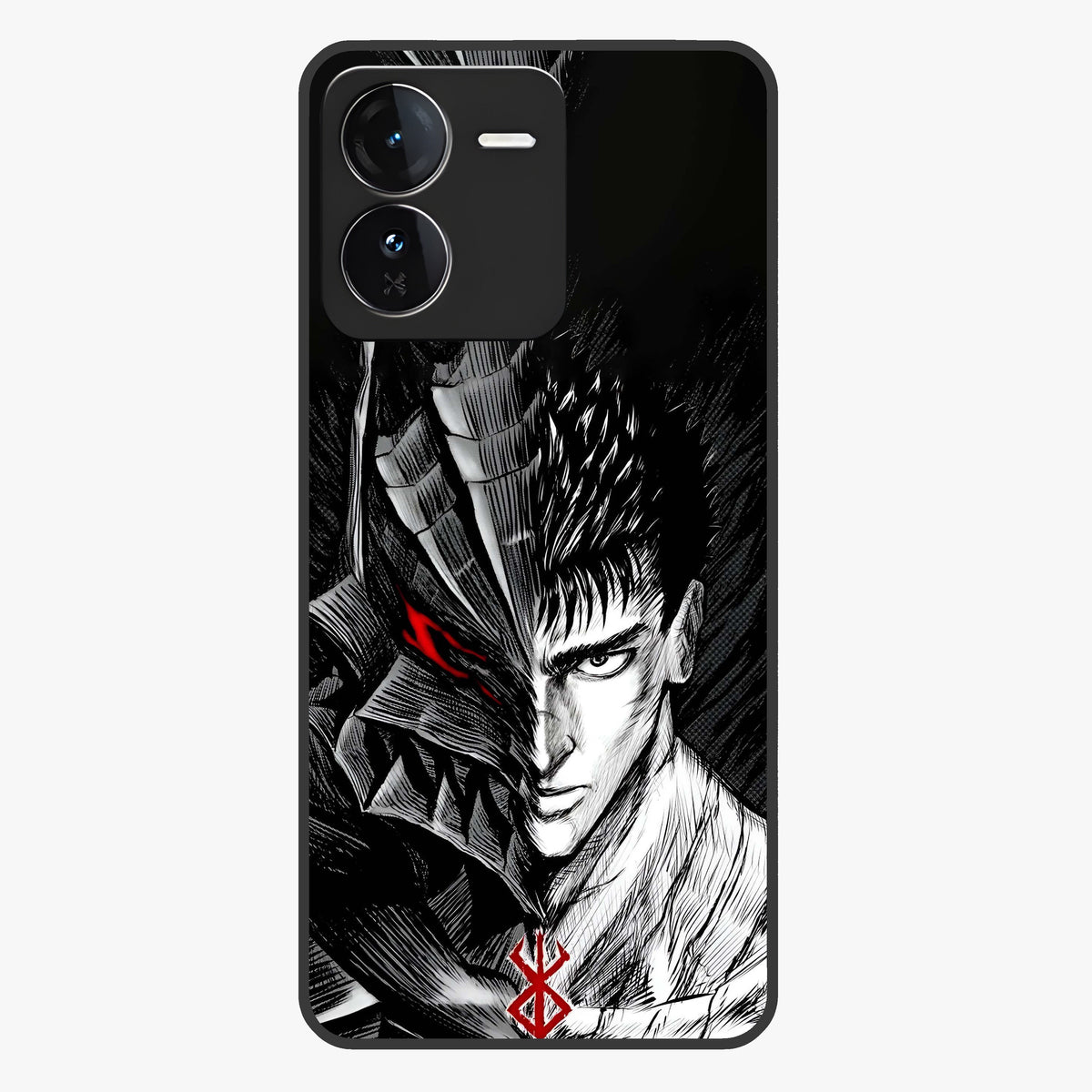 Berserker Blood Oath Glass Case showing flat back view with fierce warrior inspired artwork and glossy glass finish.