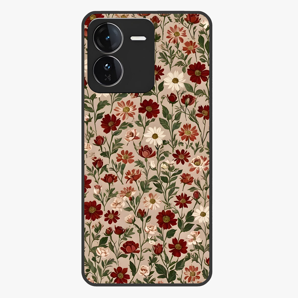 Biege Flower With Leaf Glass Case showing flat back view with soft beige floral artwork and glossy glass finish.