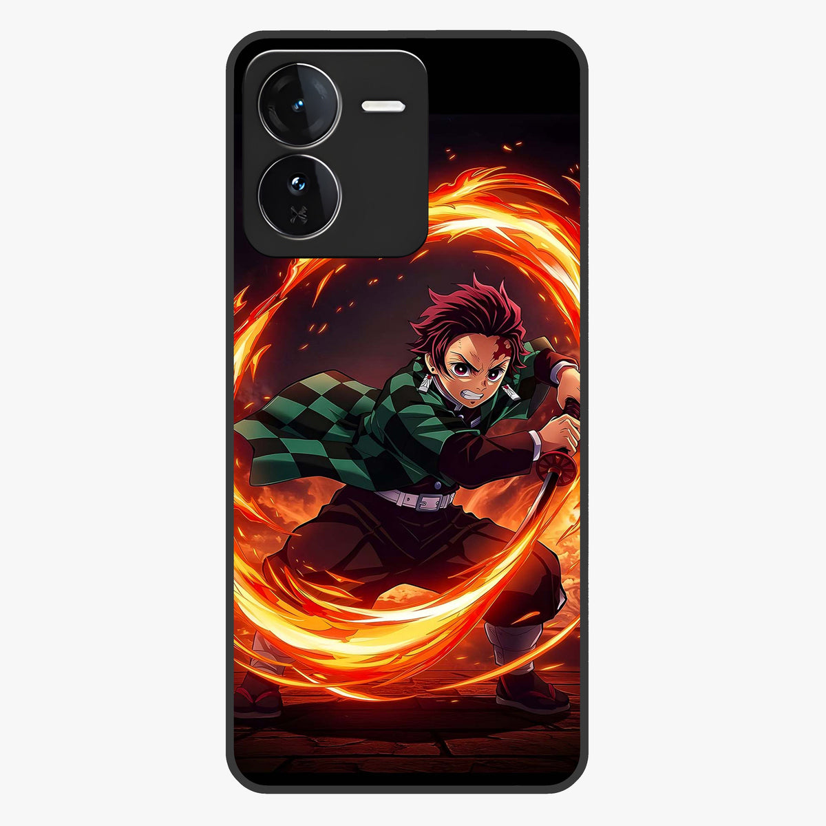 Blazing Sword Resolve Glass Case showing flat back view with fiery sword artwork and glossy glass finish.