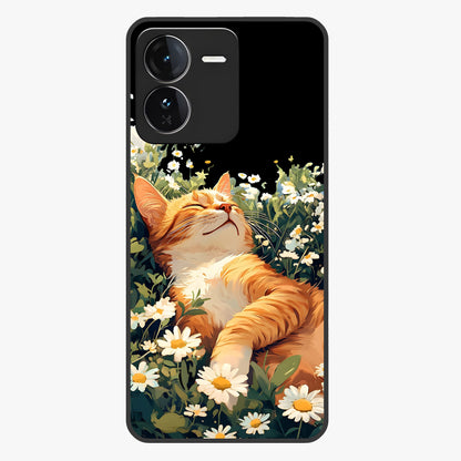 Blissful Bloom Cat Glass Case showing flat back view with cute cat and floral bloom artwork and glossy glass finish.