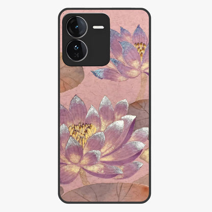 Blossom Mist Lotus Glass Case showing flat back view with serene lotus blossom artwork and glossy glass finish.