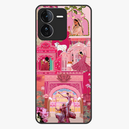 Blossoms of Rajasthan Glass Case showing flat back view with traditional floral artwork inspired by Rajasthan and glossy glass finish.