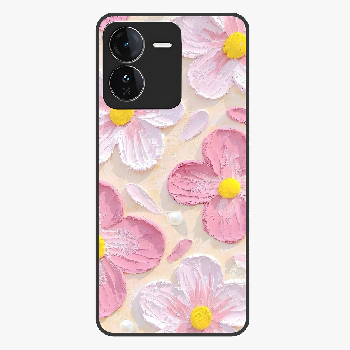 Blush Bloom Texture Glass Case showing flat back view with soft blush floral texture artwork and glossy glass finish.
