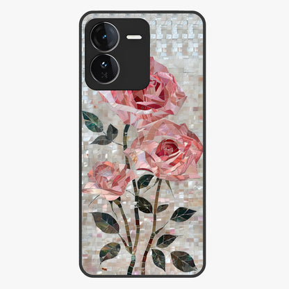 Blush Mosaic Bloom Glass Case showing flat back view with mosaic floral bloom artwork and glossy glass finish.
