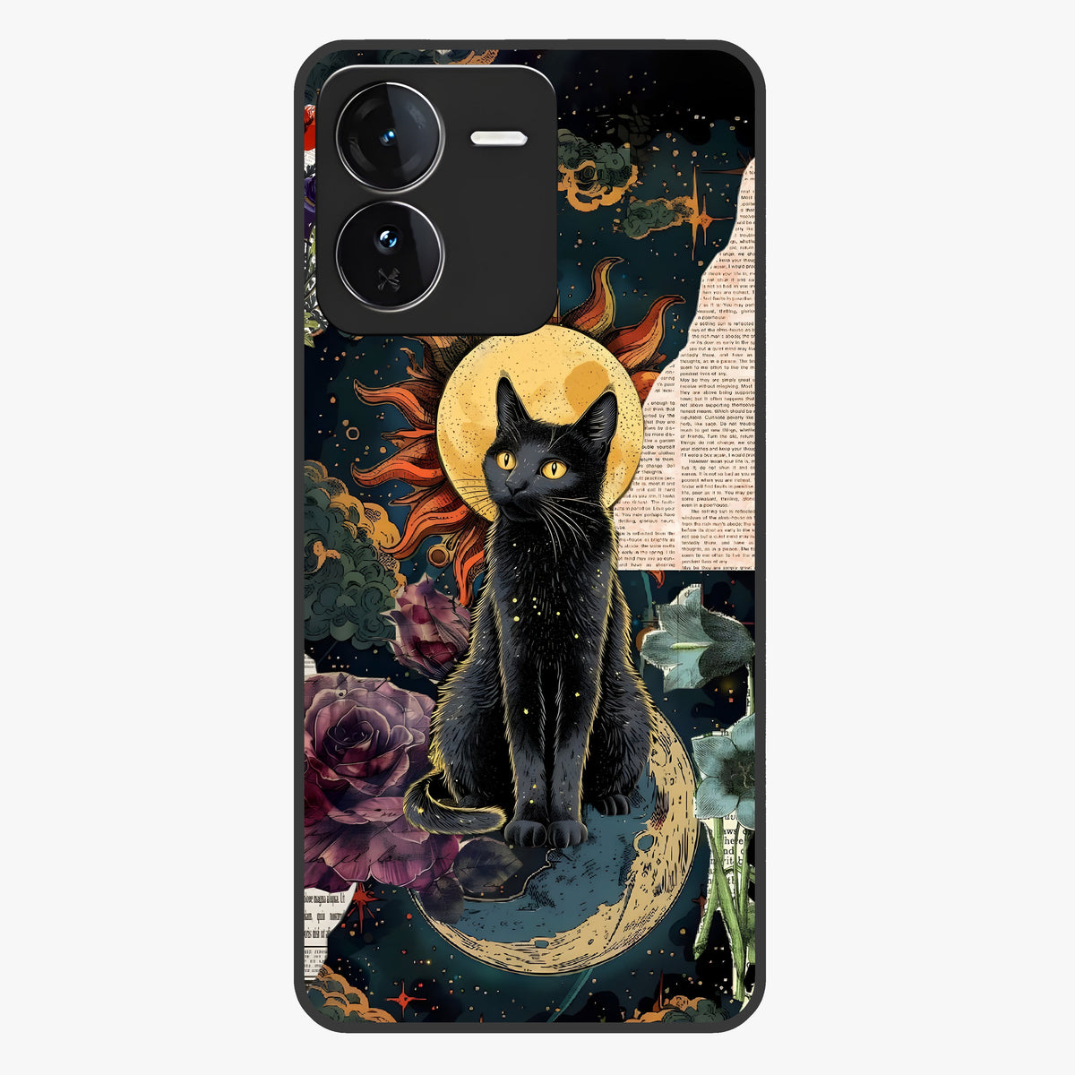 Celestial Black Cat Glass Case showing flat back view with mystical black cat artwork and glossy glass finish.