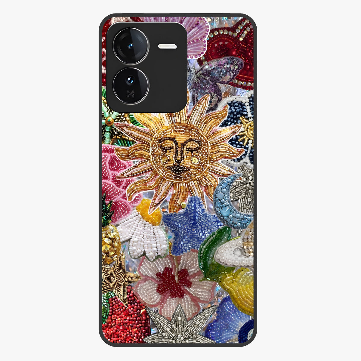 Celestial Floral and Playful Glass Case showing flat back view with floral and celestial themed artwork and glossy glass finish.