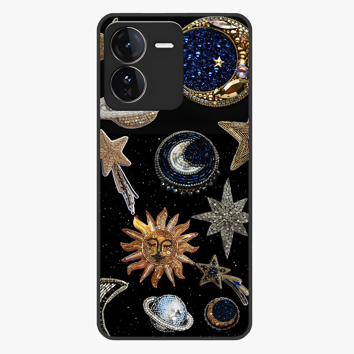Celestial Gem Constellations Glass Case showing flat back view with sparkling constellation artwork and glossy glass finish.