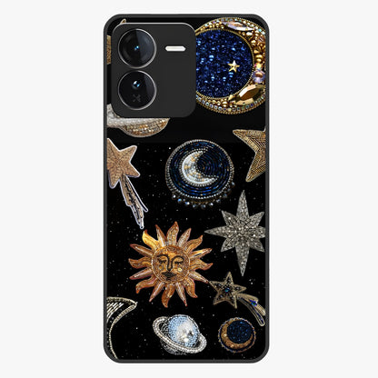 Celestial Gem Constellations Glass Case showing flat back view with sparkling constellation artwork and glossy glass finish.