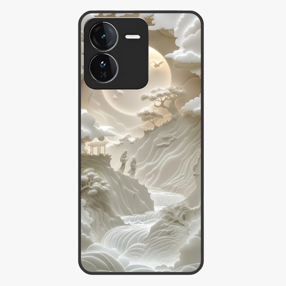Celestial Origami Glass Case showing flat back view with artistic origami inspired celestial artwork and glossy glass finish.