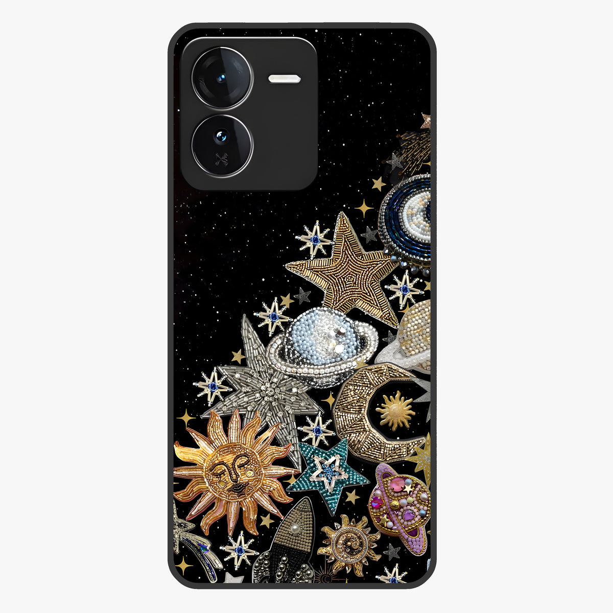 Cosmic Sparkle Dreams Glass Case showing flat back view with sparkling cosmic artwork and glossy glass finish.