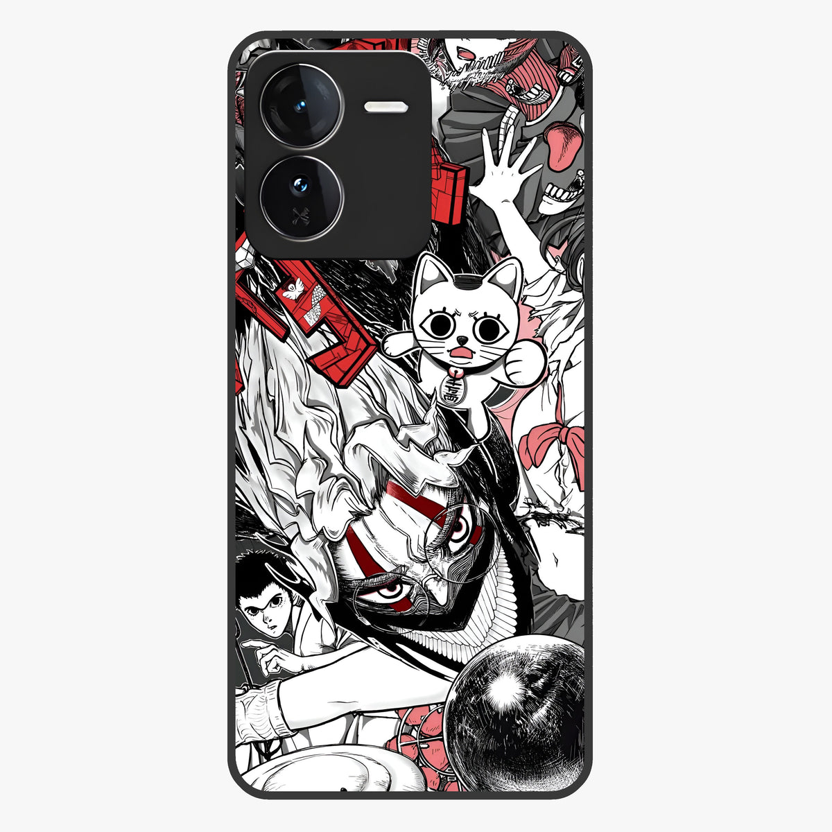 Crimson Chaos Panel Glass Case showing flat back view with bold crimson abstract artwork and glossy glass finish.