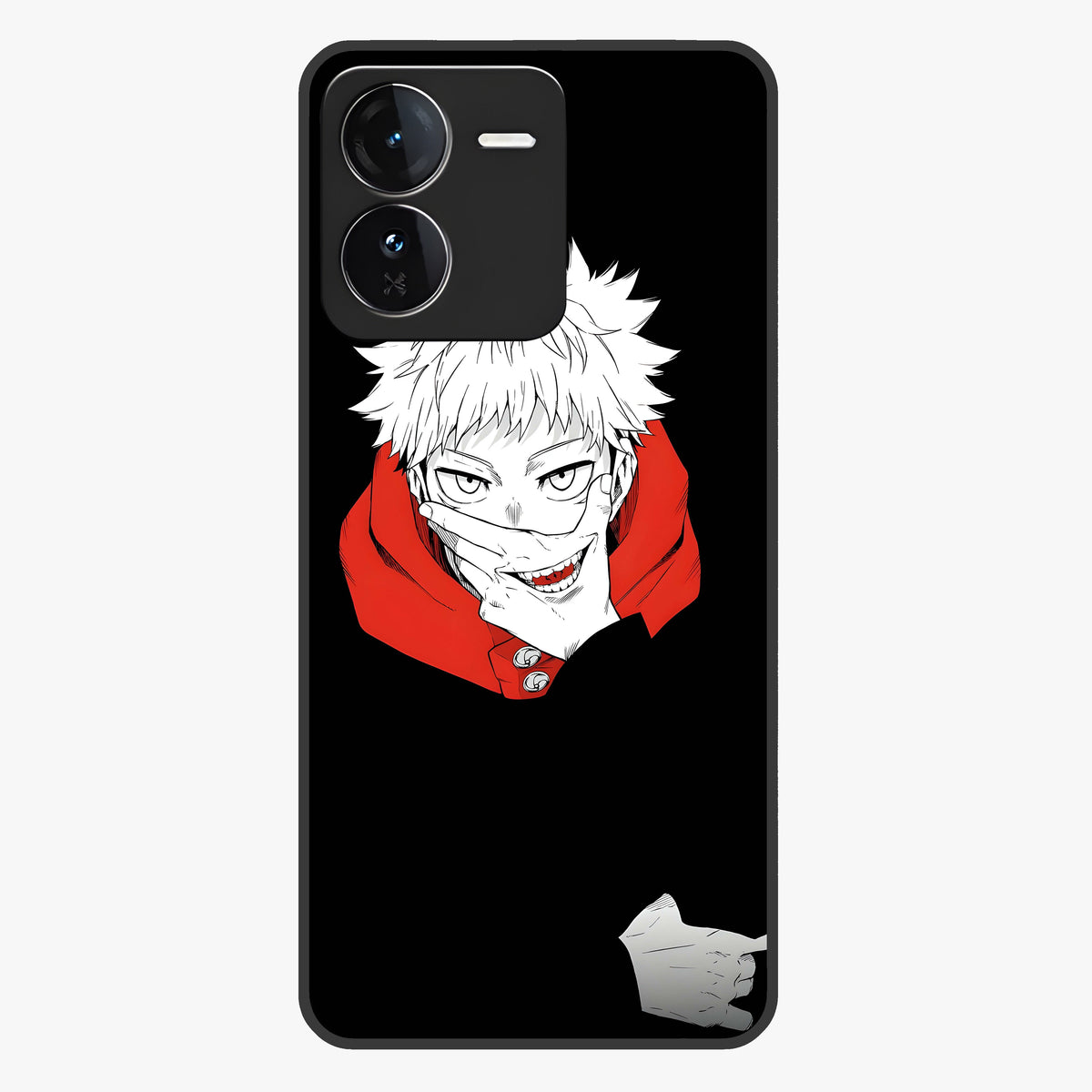 Crimson Chaos Smile Glass Case showing flat back view with bold chaotic smile artwork and glossy glass finish.