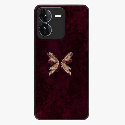 Crimson Fade Butterfly Glass Case showing flat back view with fading butterfly artwork and glossy glass finish.