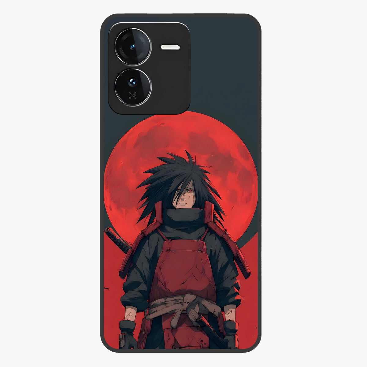 Crimson Moon Warlord Glass Case showing flat back view with mystical moon warrior artwork and glossy glass finish.