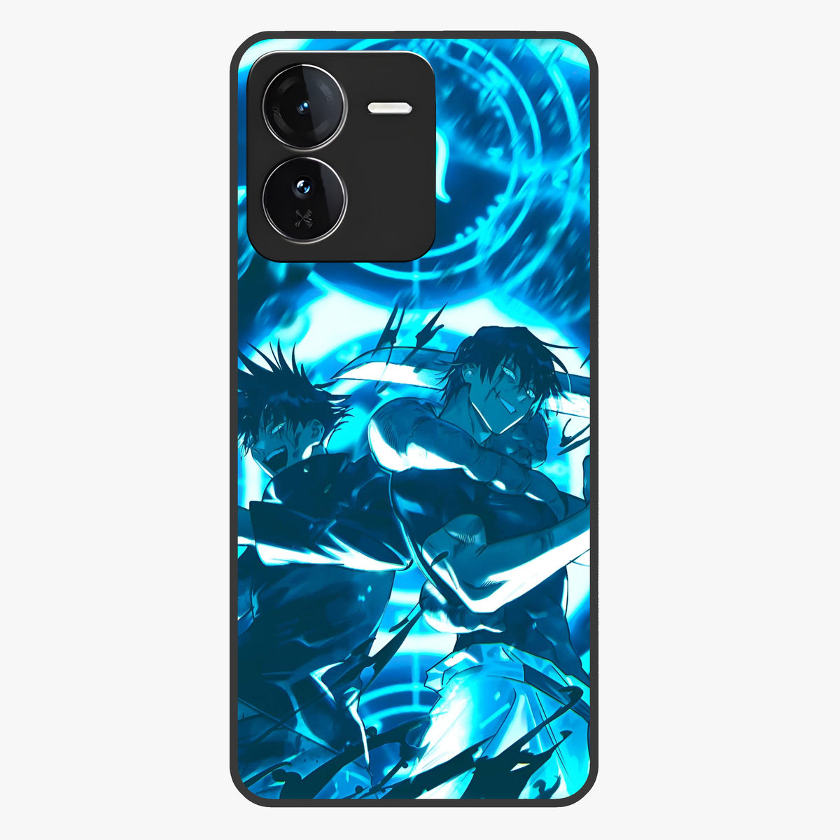 Cursed Energy Clash Glass Case showing flat back view with intense cursed energy artwork and glossy glass finish.