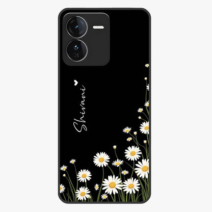 Daisy Cascade Custom Name Glass Case showing flat back view with cascading daisy flowers and personalized name design.