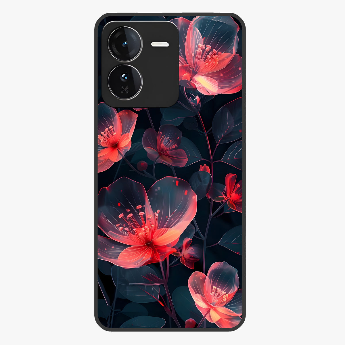 Dark Shade of Flower Glass Case showing flat back view with elegant dark floral artwork and glossy glass finish.