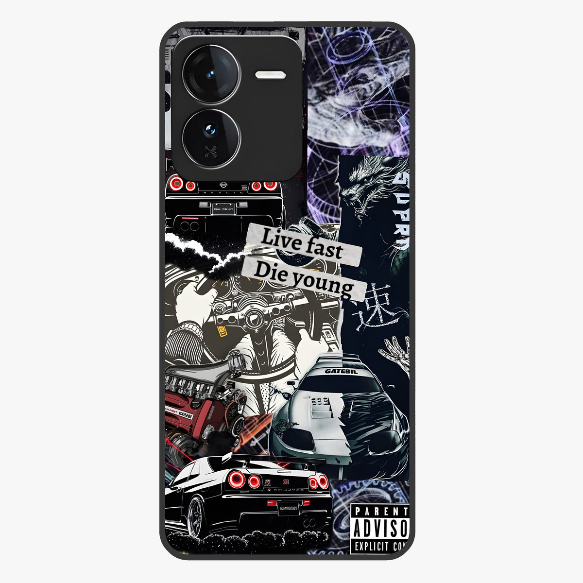 Die Young Glass Case showing flat back view with bold artistic typography design and glossy glass finish.