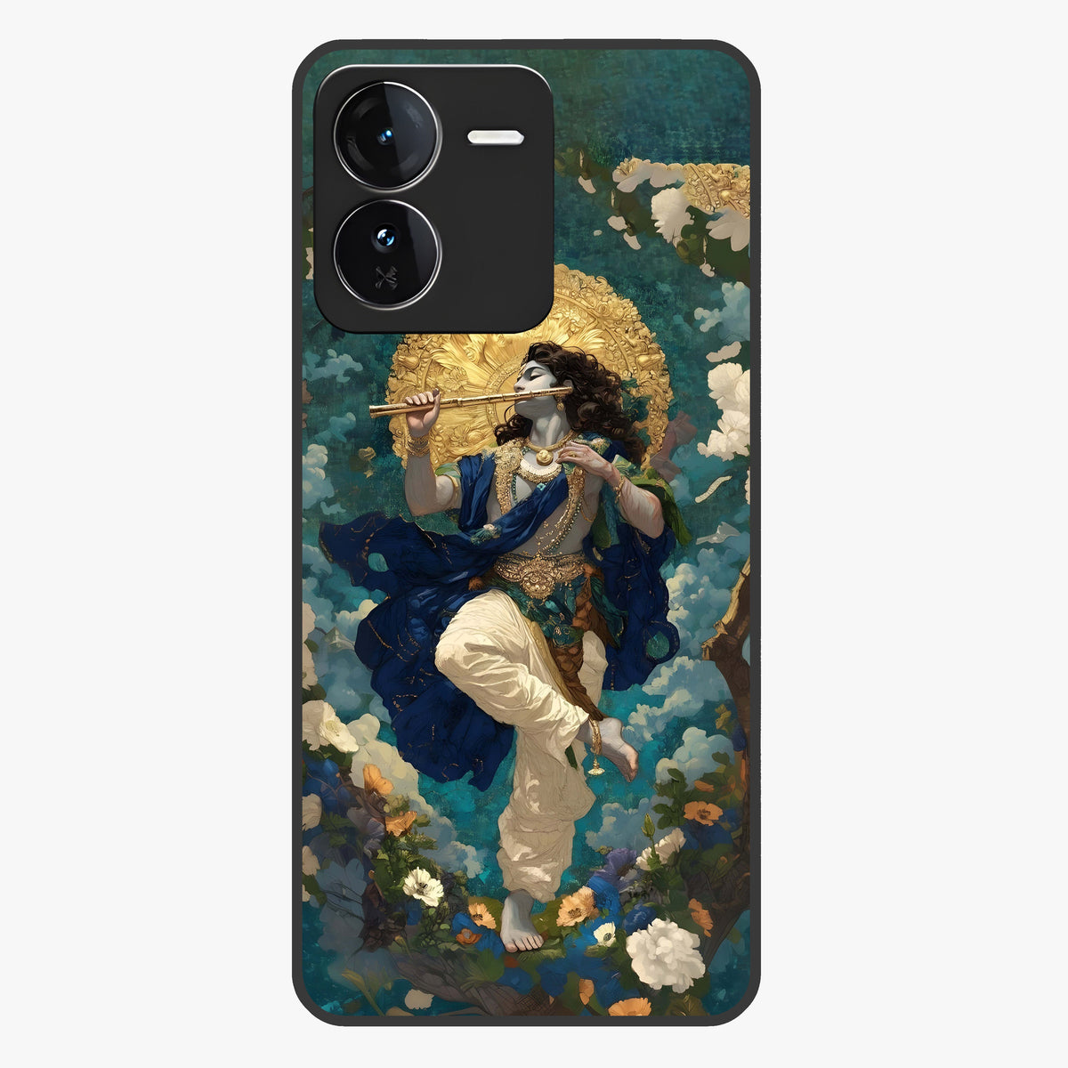 Divine Krishna Art Glass Case showing flat back view with Lord Krishna artwork and glossy glass finish.