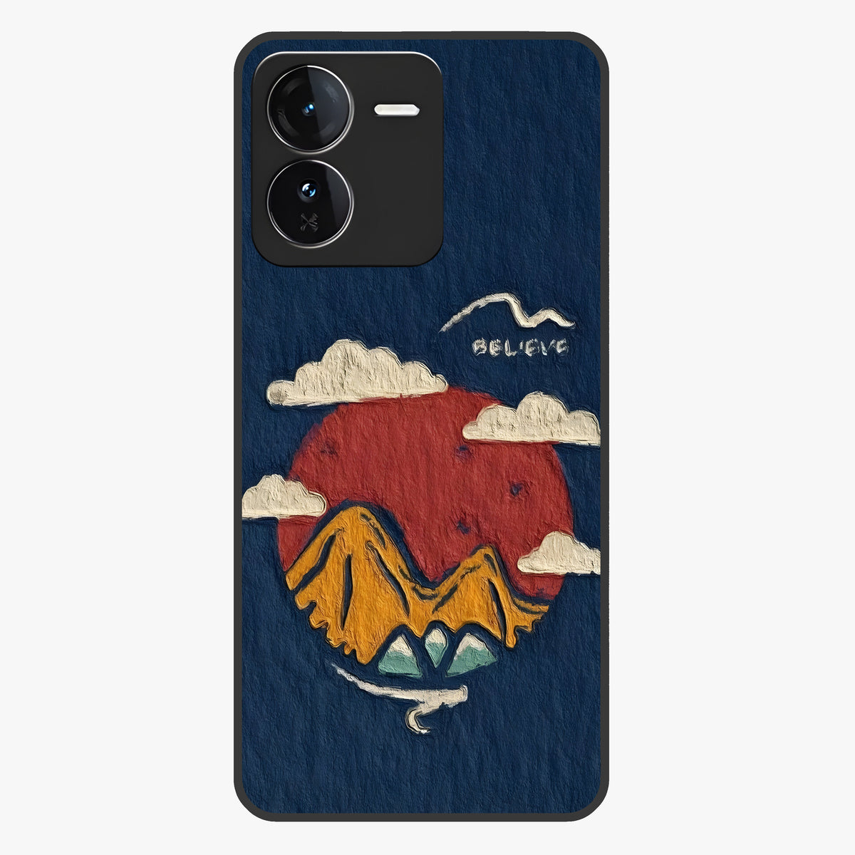 Dream Beyond Mountains Glass Case showing flat back view with scenic mountain landscape artwork and glossy glass finish.