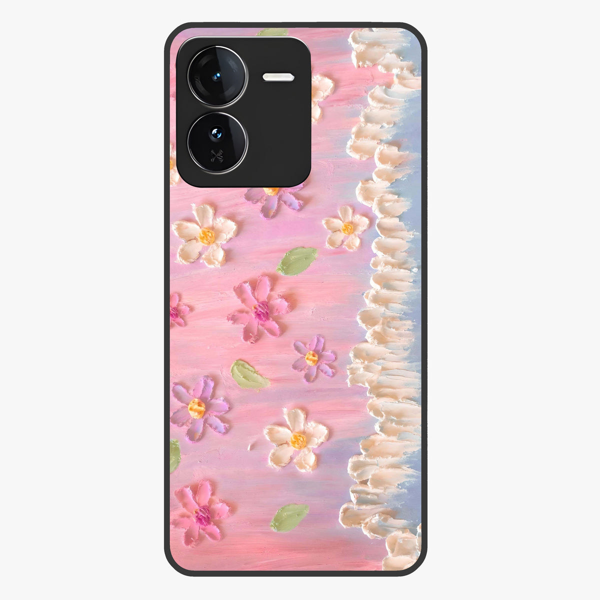 Dreamy Painted Garden Glass Case showing flat back view with artistic painted floral garden artwork and glossy glass finish.
