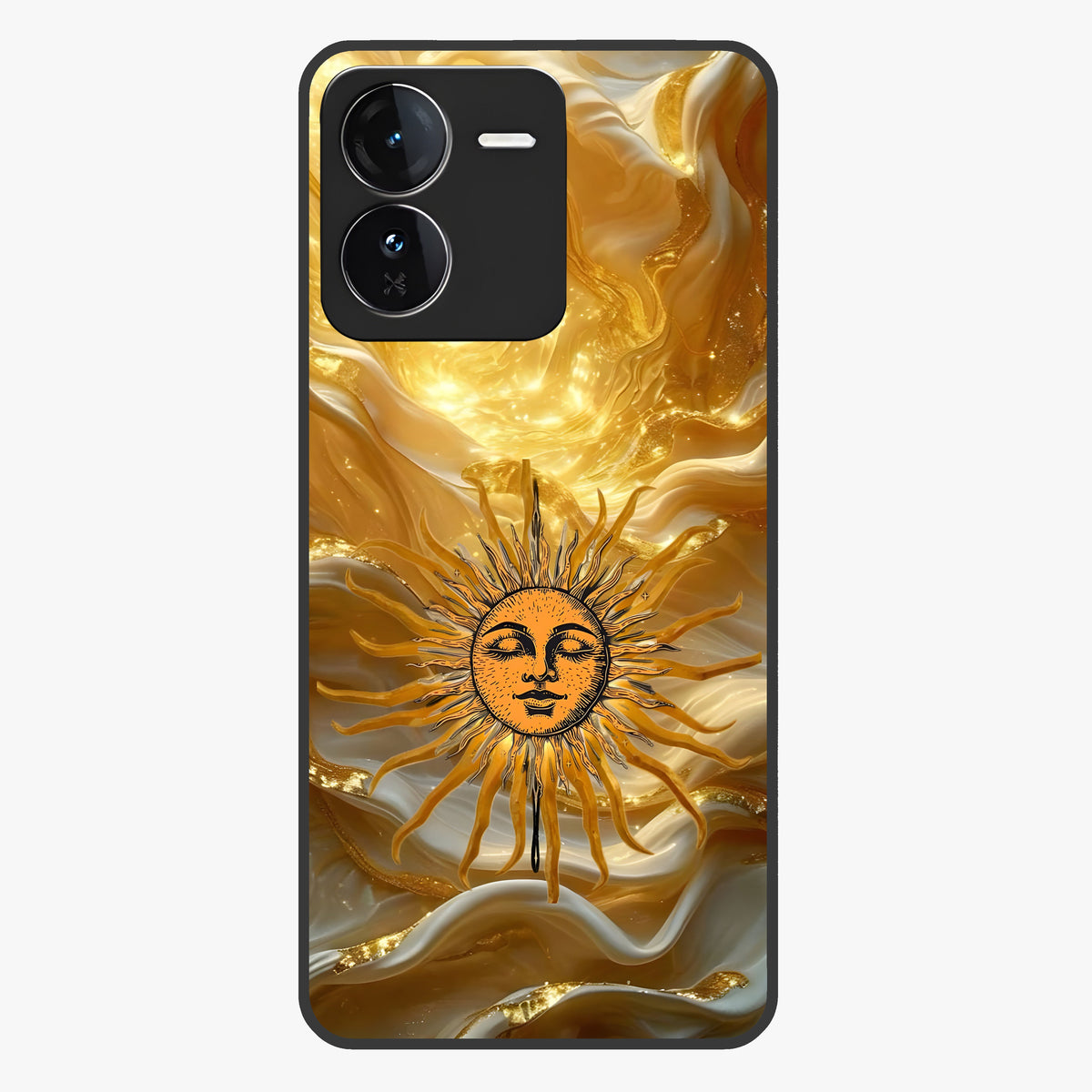 Eternal Golden Glow Glass Case showing flat back view with radiant golden themed artwork and glossy glass finish.