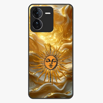 Eternal Golden Glow Glass Case showing flat back view with radiant golden themed artwork and glossy glass finish.